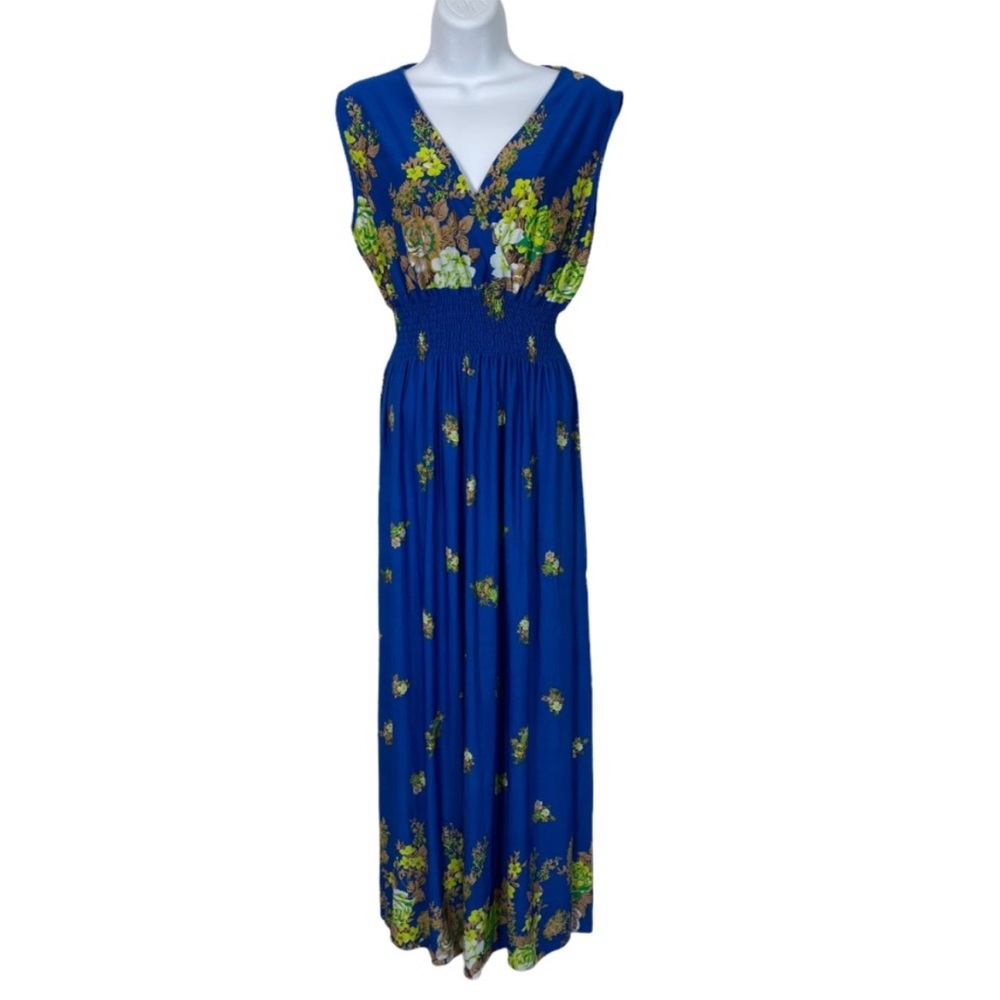 Vibrant Blue and Yellow Sleeveless V  surplice Neck Maxi Dress